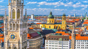 Munich skyline with Marienplatz town hall in Germany