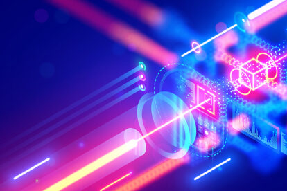 Quantum computing. Close up of optical cpu process light signal. Quantum computer of glowing qubits. Laser ray signal transmitting digital signal in chip or processor. Abstract technology background.