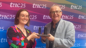 Ronan Byrne, CEO HEAnet, presented with the GÉANT Community Award by Charlie van Genuchten (SURF) at TNC25, held in Brighton, UK