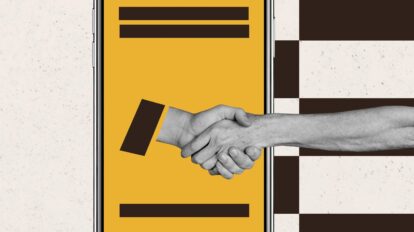 Hands shaking with geometrical background