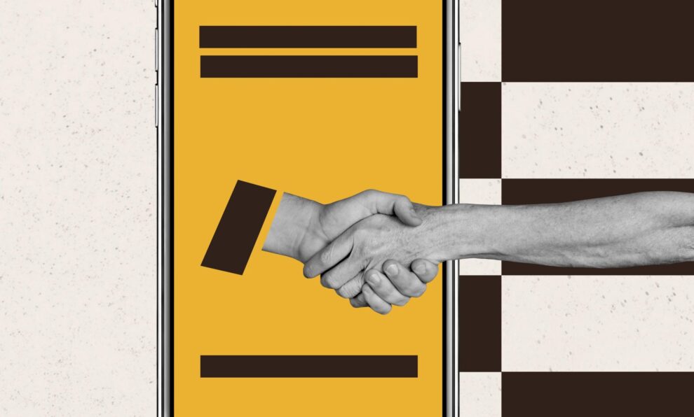 Hands shaking with geometrical background