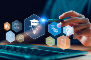 Modern digital education concept with virtual interface, AI tools, online courses, certification icons, and multimedia learning resources, ideal for e-learning, training platforms, academic systems