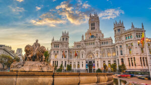 Madrid Spain, sunrise city skyline at Cibeles Fountain Town Square