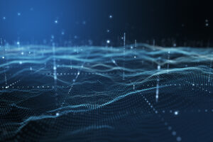 Futuristic flight through a digital line landscape