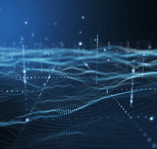 Futuristic flight through a digital line landscape