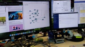 Computer screens on a desk
