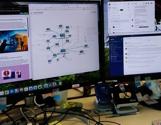 Computer screens on a desk