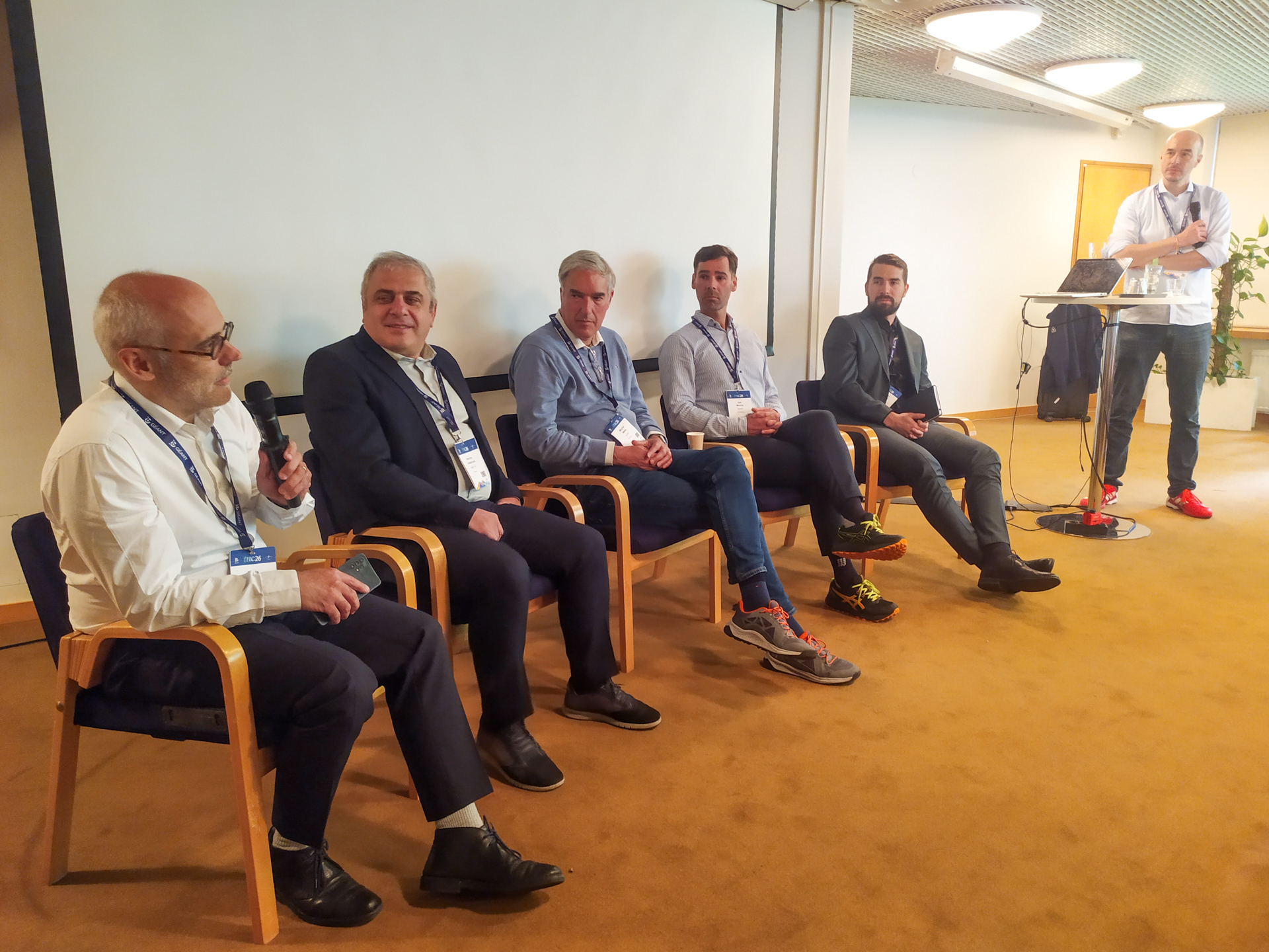 Cloud sovereignty panel, with Boris Dintrans (RENATER), Hrachya Astsatryan (ASNET-AM), Michel Wets (SURF), Jon Murua (Switch), Norbert Lovinger (CESNET). Moderated by Jakob Tendel (DFN).