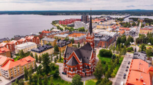 Lulea, Sweden - July 05, 2019: Panorama city, Cathedral sunny day, blue sky.