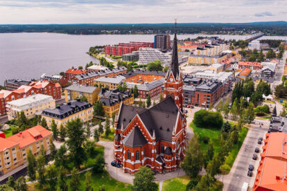 Lulea, Sweden - July 05, 2019: Panorama city, Cathedral sunny day, blue sky.